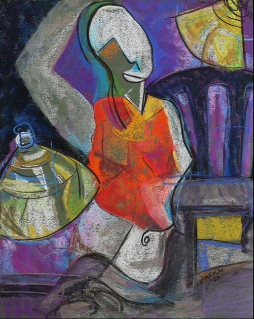 Abstract pastel painting of a woman with orange top and green lamps, made by black female artist Lusmerlin